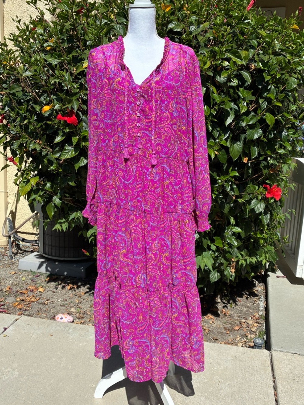 Beach Lunch Lounge Bright Fuchsia Paisley Tiered Midi Dress XL